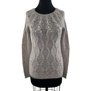 United Colors of Benetton Gray Fuzzy Cable-Knit Rhinestone Crew Neck Sweater S
